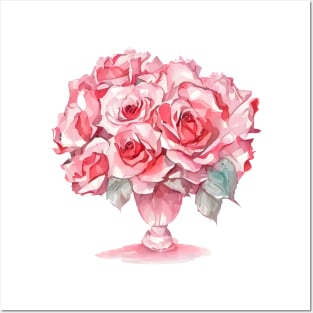 Romantic Blush Pink Rose Bouquet in Vase Watercolor Rose Art Posters and Art